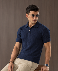 CABLE KNIT POLO | NAVY