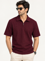 ZIPPER STRETCHABLE  TEXTURED MAROON POLO
