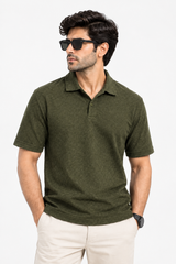 BUTTON NECKLINE OLIVE TEXTURED POLO